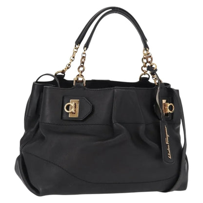 Salvatore Ferragamo W Chain Tote Leather, Black, Leather, Handbag
