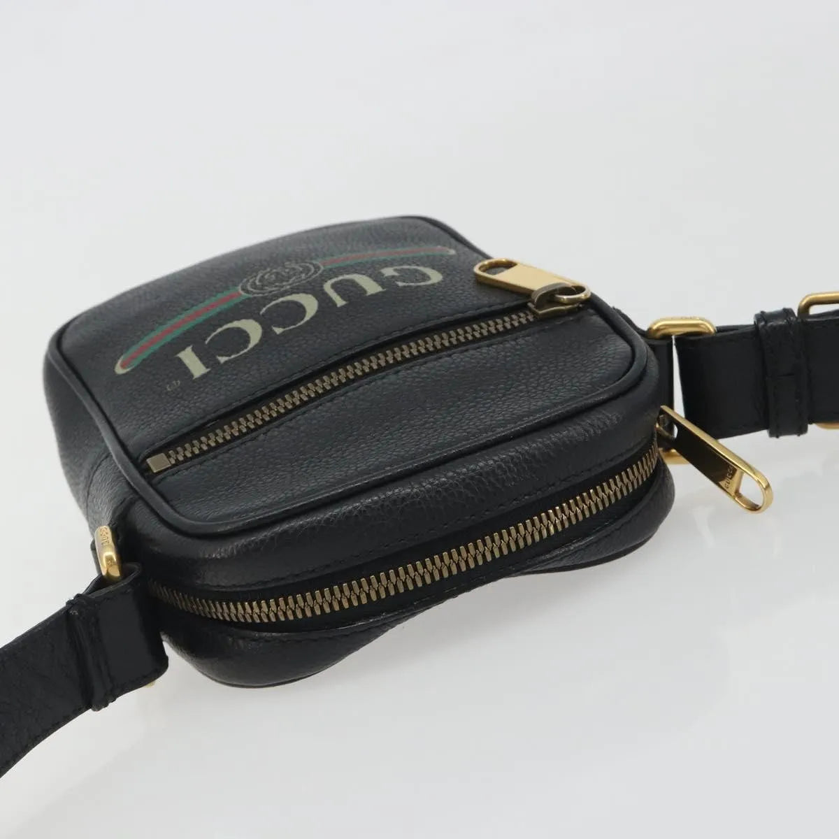 Gucci Logo Zip Messenger Printed Leather, Black, Leather, Clutch