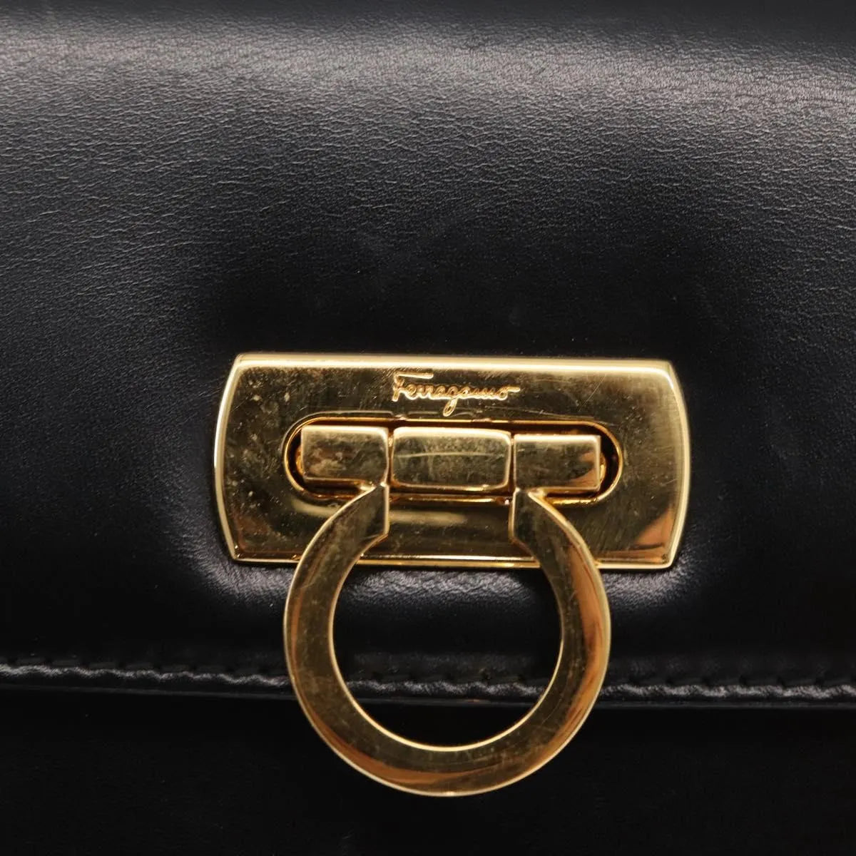 Salvatore Ferragamo Gancini Flap Leather, Black, Leather, Shoulder Bag