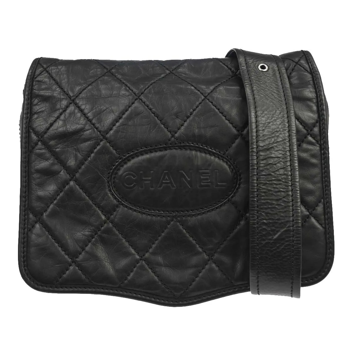 Chanel Vintage Logo Messenger Quilted Aged Calfskin, Black, Leather, Shoulder Bag