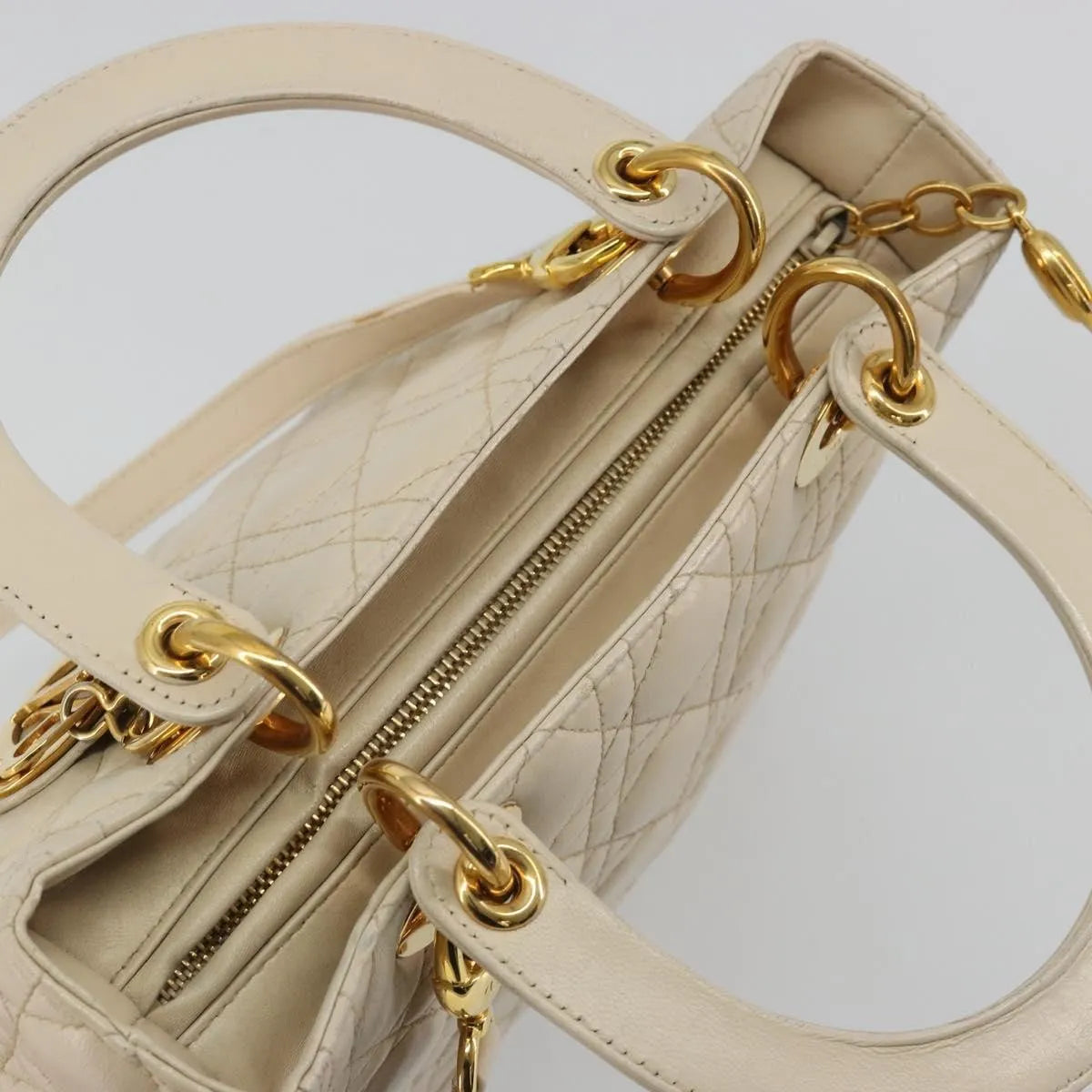 Christian Dior Lady Dior Cannage Quilt Lambskin, Beige, Leather, Handbag