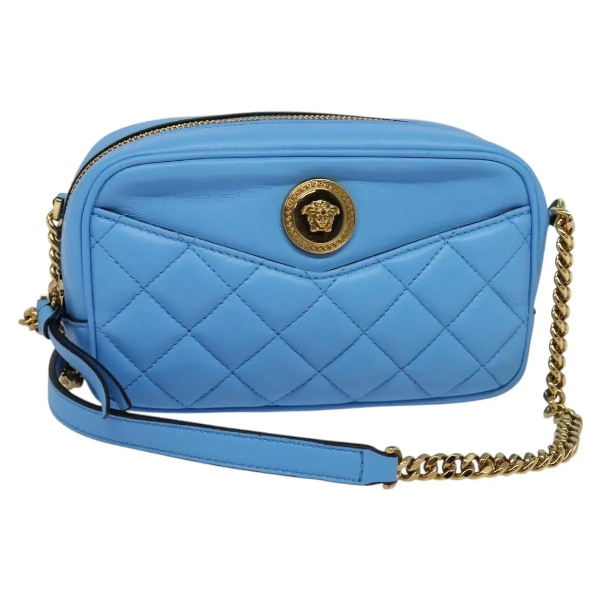 Versace Medusa Icon Front Slip Pocket Camera Quilted Leather, Blue, Leather, Shoulder Bag