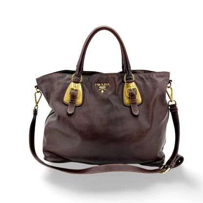 Prada Buckle Tote Vitello Daino, Brown, Leather, Handbag