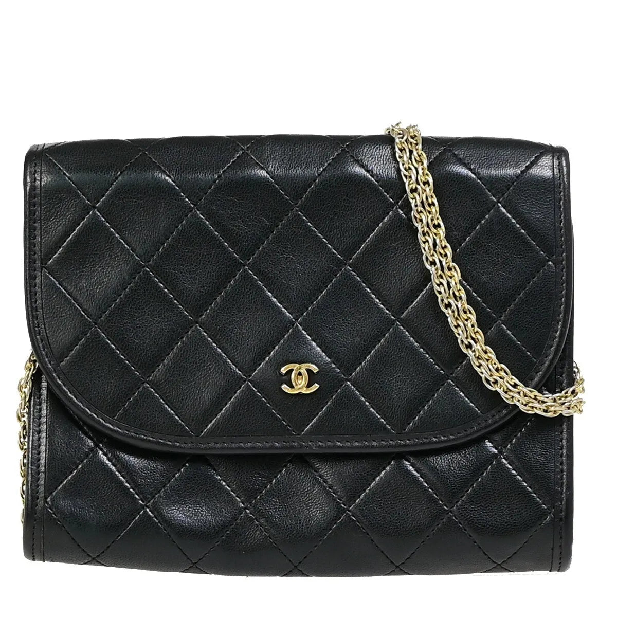 Chanel Vintage Round Flap Quilted Lambskin, Black, Leather, Handbag