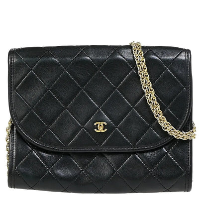 Chanel Vintage Round Flap Quilted Lambskin, Black, Leather, Handbag