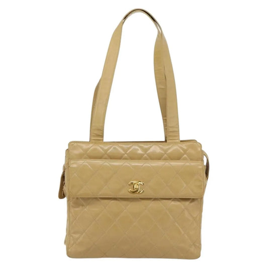 Chanel Vintage Front Pocket Leather, Beige, Patent Leather, Shoulder Bag