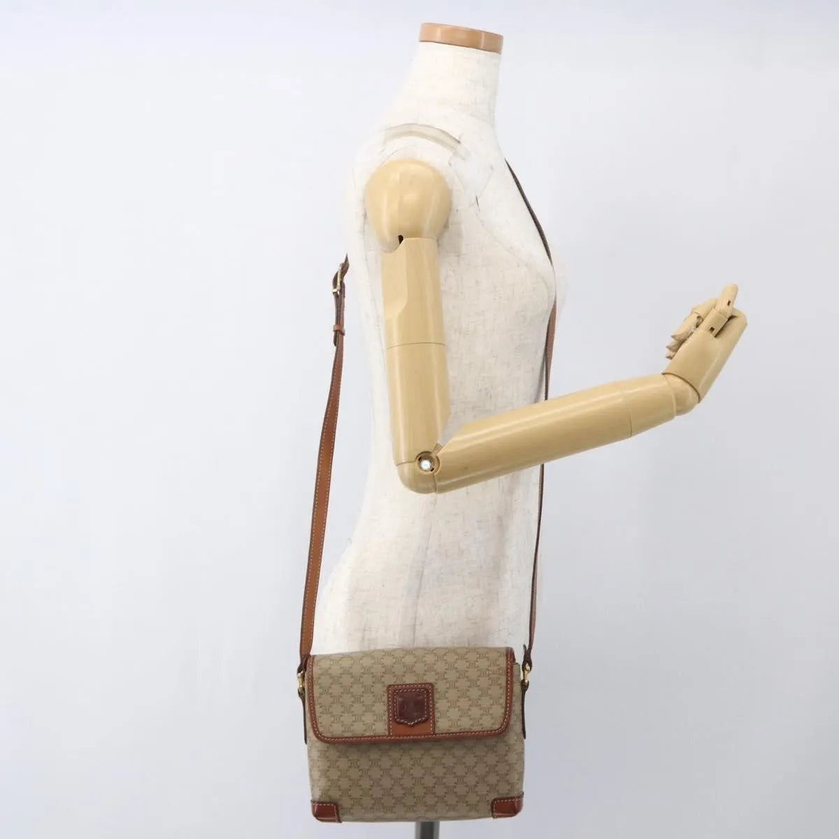 Celine Vintage Macadam Canvas and Leather, Beige, Canvas, Shoulder Bag