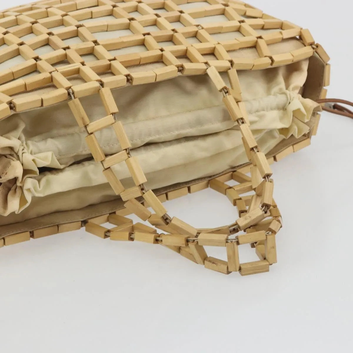 Salvatore Ferragamo Wood Mesh Drawstring canvas, Beige, Canvas, Handbag