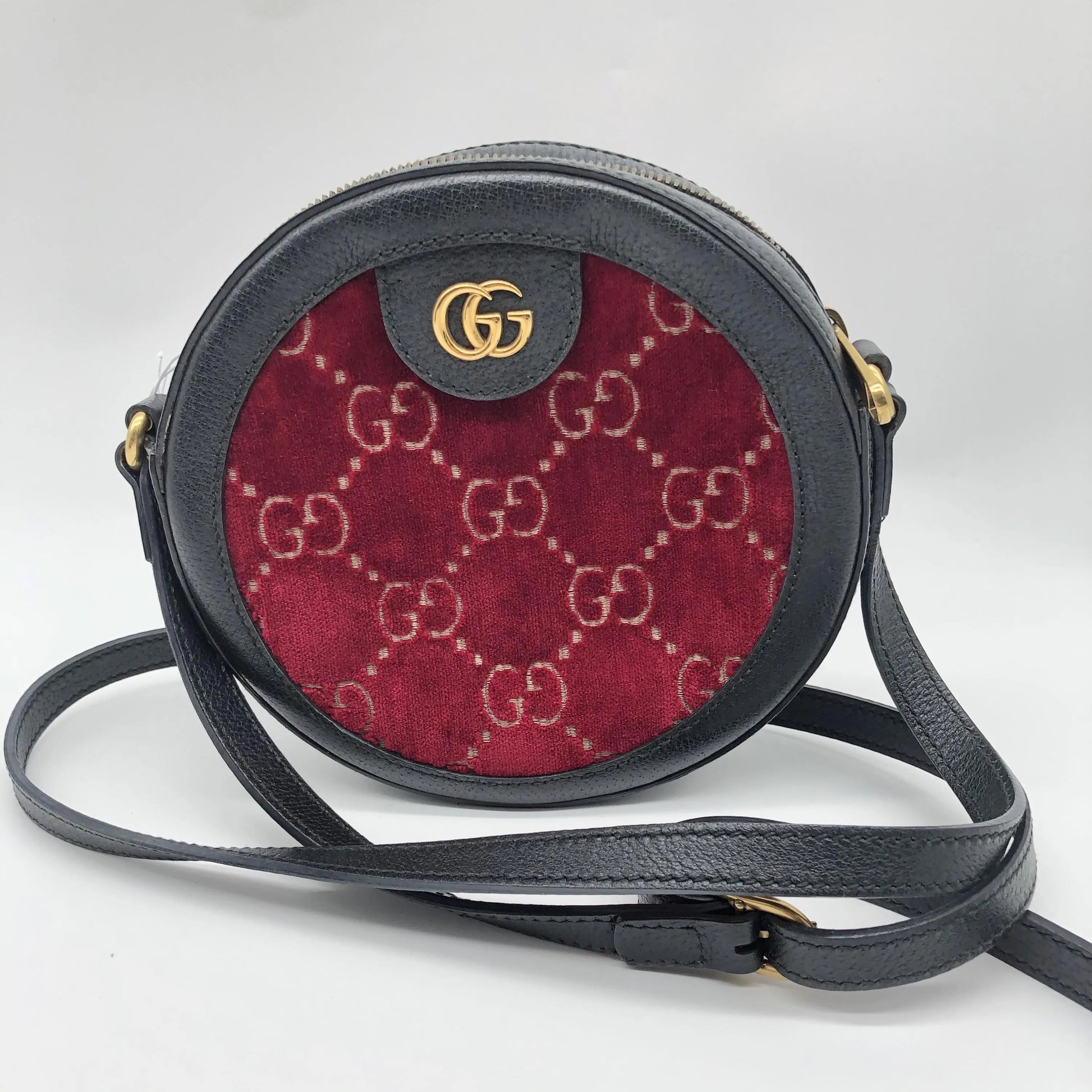 Gucci GG Marmont Round Velvet and Leather, Burgundy, Velvet, Shoulder Bag