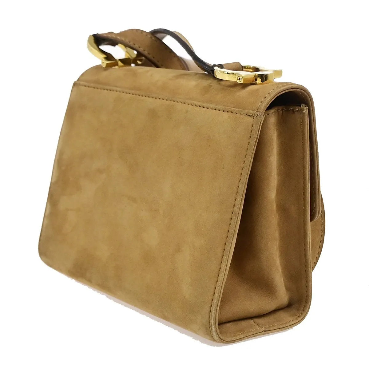 Salvatore Ferragamo Gancini Flap Suede, Beige, Suede, Shoulder Bag