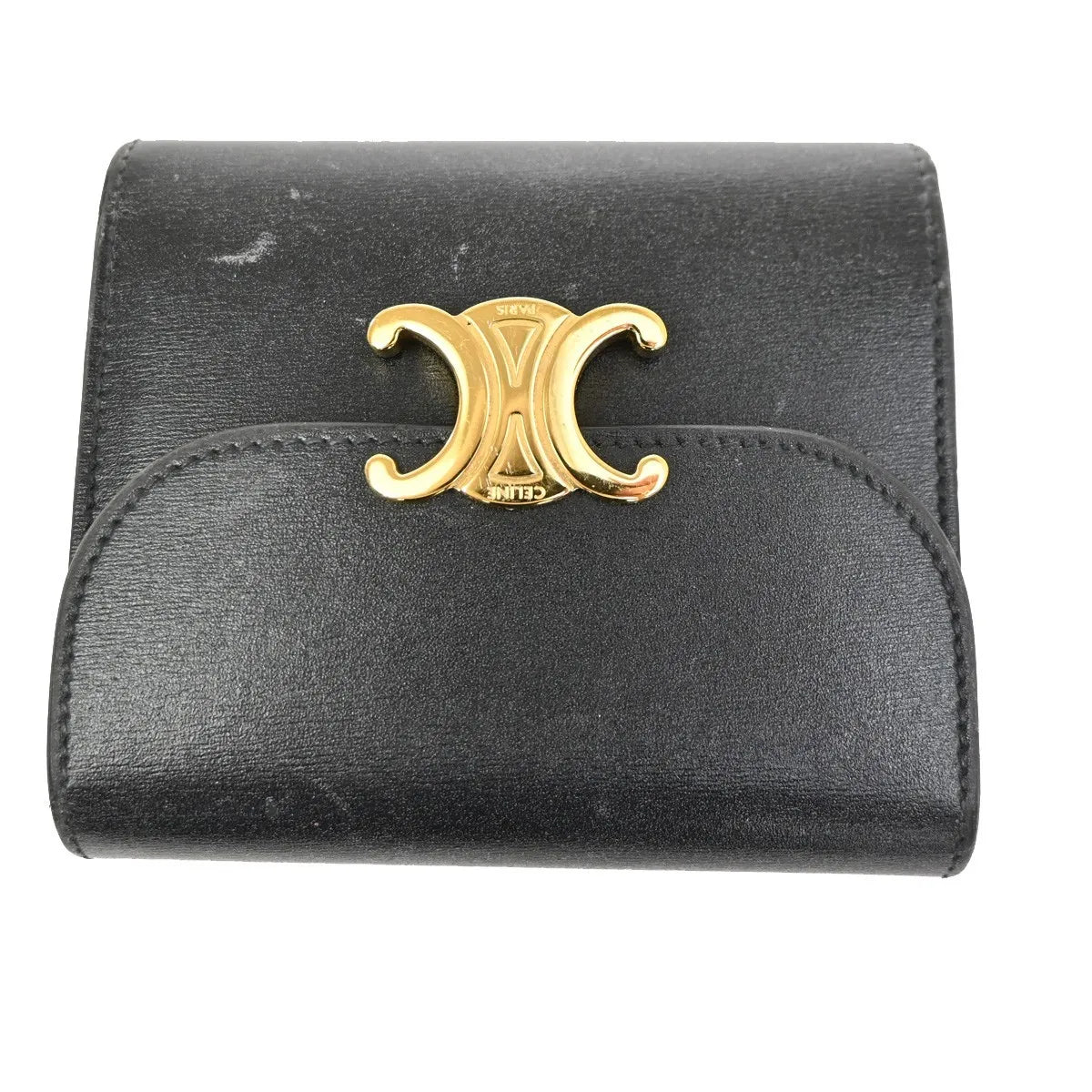 Celine Triomphe Trifold Leather, Black, Leather, Wallet