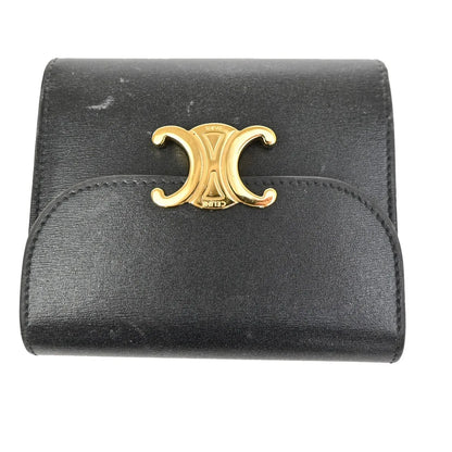 Celine Triomphe Trifold Leather, Black, Leather, Wallet