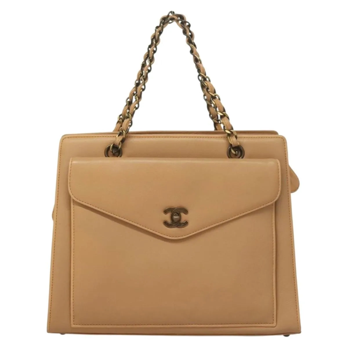 Chanel Vintage Front Pocket Tote Quilted Leather, Beige, Leather, Tote Bag