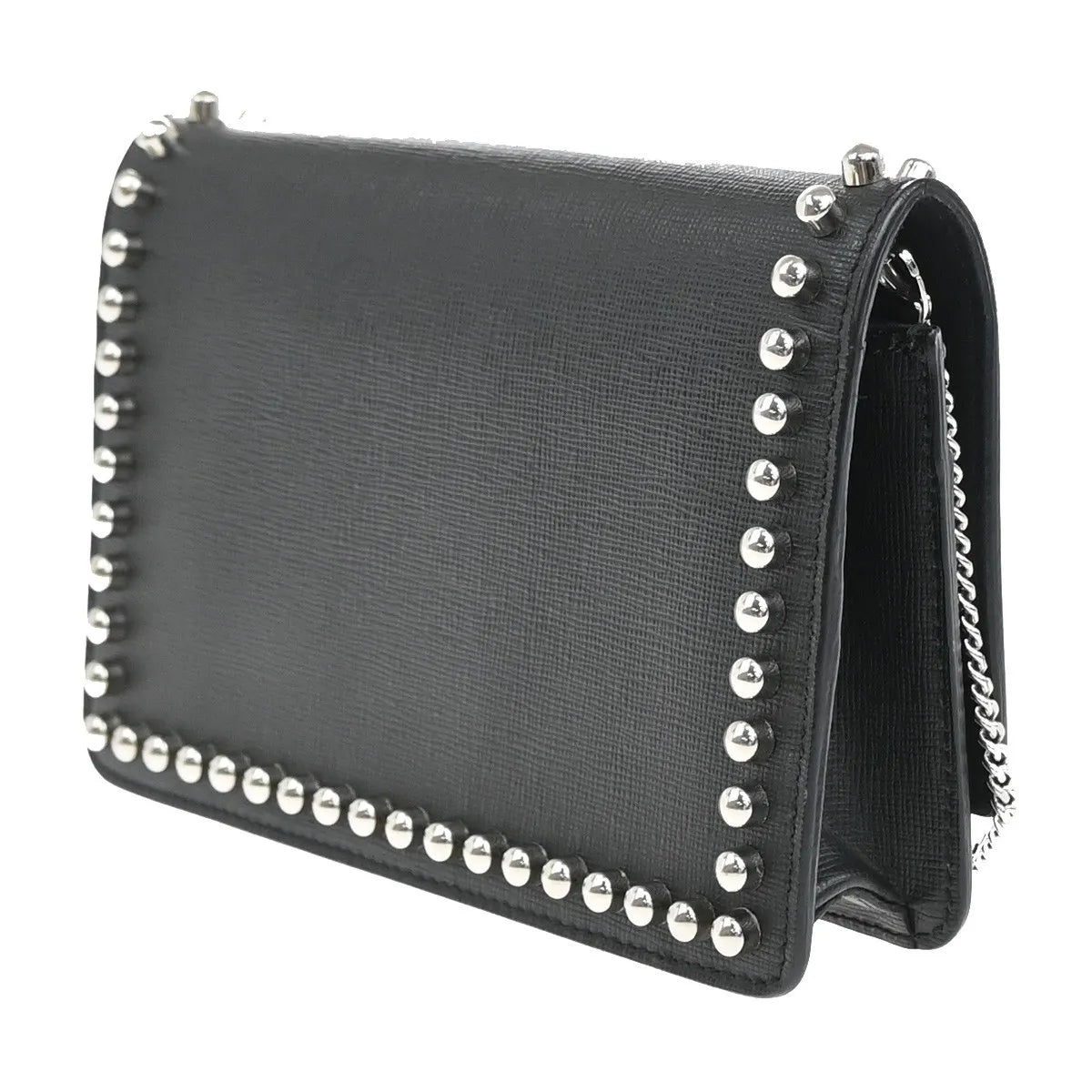 Fendi Karlito Wallet on Chain Studded Saffiano Leather, Black, Leather, Shoulder Bag