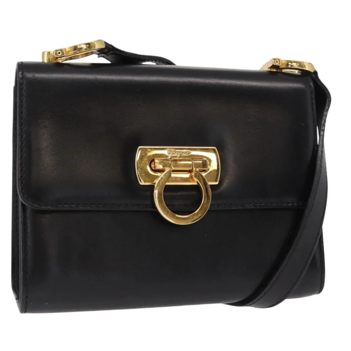 Salvatore Ferragamo Gancini Flap Leather, Black, Leather, Shoulder Bag