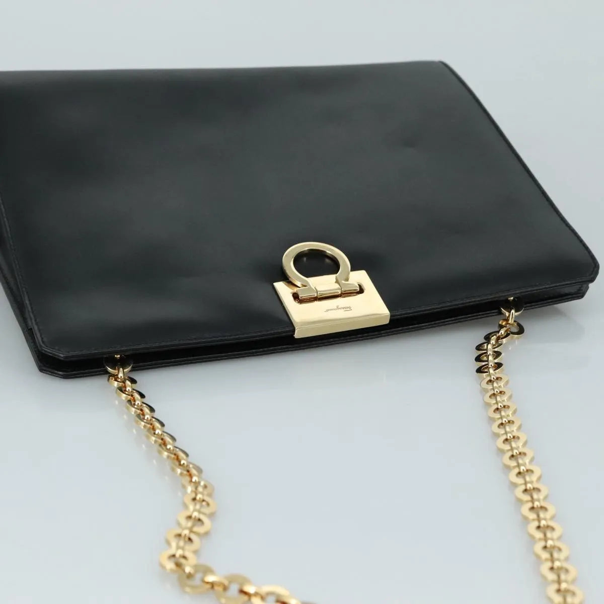 Salvatore Ferragamo Vintage Gancini Chain Leather, Black, Leather, Shoulder Bag