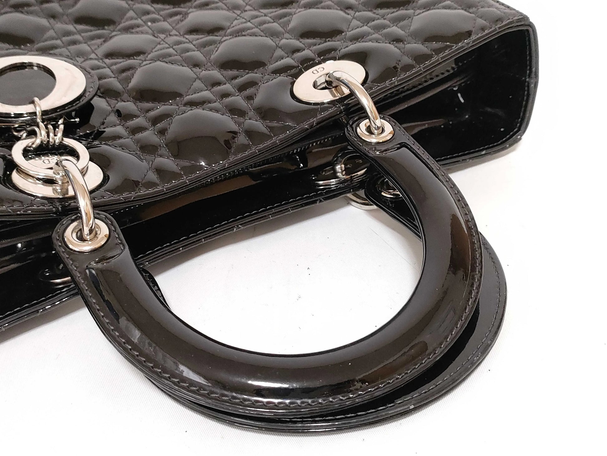 Christian Dior Lady Dior Patent, Black, Patent Leather, Handbag
