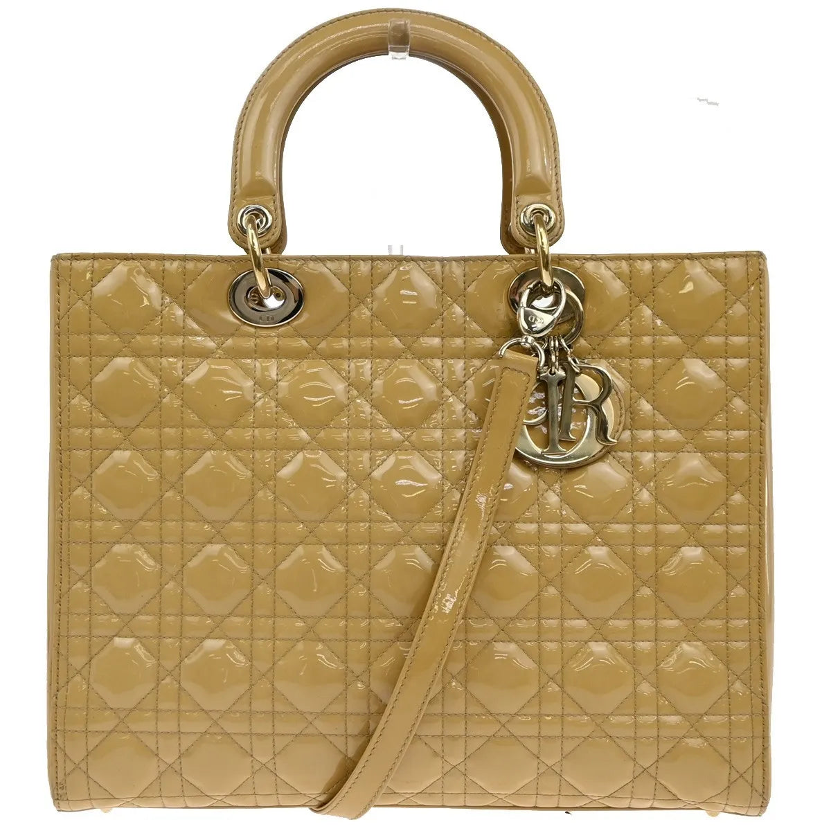 Christian Dior Lady Dior Cannage Quilt Patent, Yellow, Patent Leather, Handbag