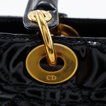 Christian Dior Lady Dior NM Cannage Quilt Patent, Black, Patent Leather, Tote Bag
