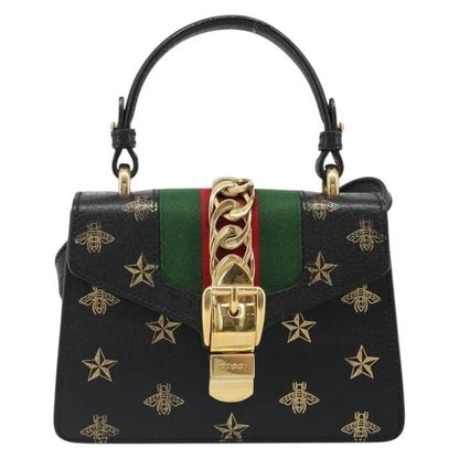 Gucci Sylvie Top Handle Printed Leather, Black, Leather, Handbag