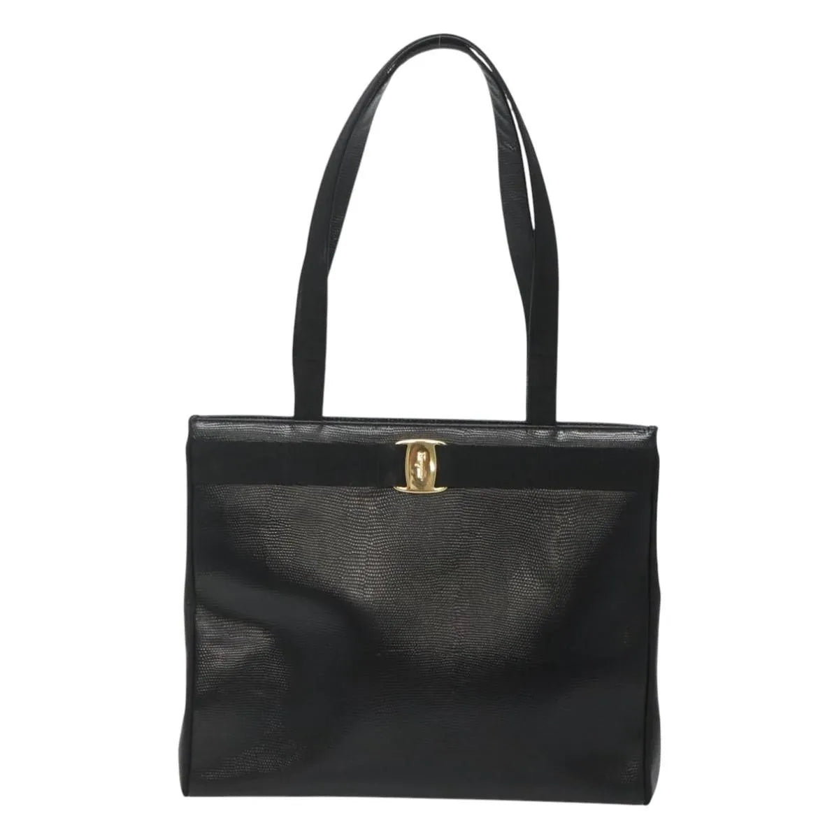 Salvatore Ferragamo Vintage Vara Bow Tote Lizard Embossed Leather, Black, Leather, Tote Bag