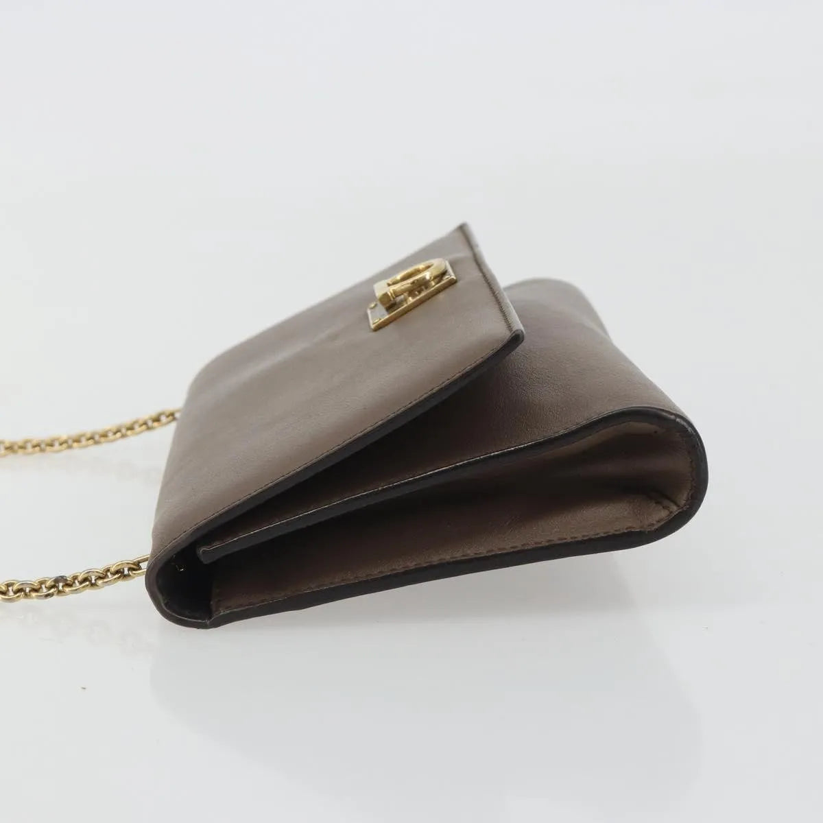 Salvatore Ferragamo Gancini Chain Leather, Gray, Leather, Shoulder Bag