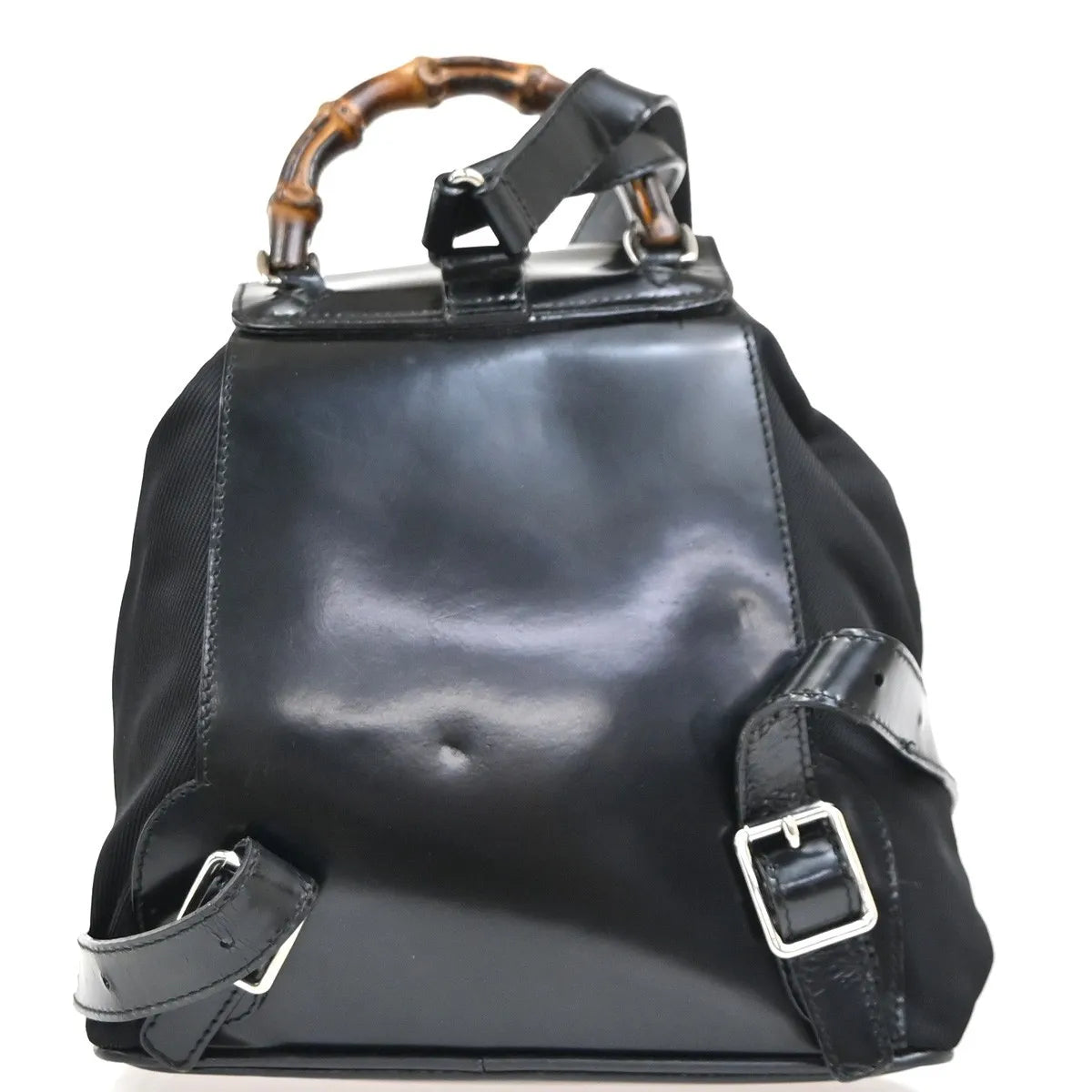 Gucci Vintage Bamboo Nylon and Patent Leather, Black, Nylon, Backpack