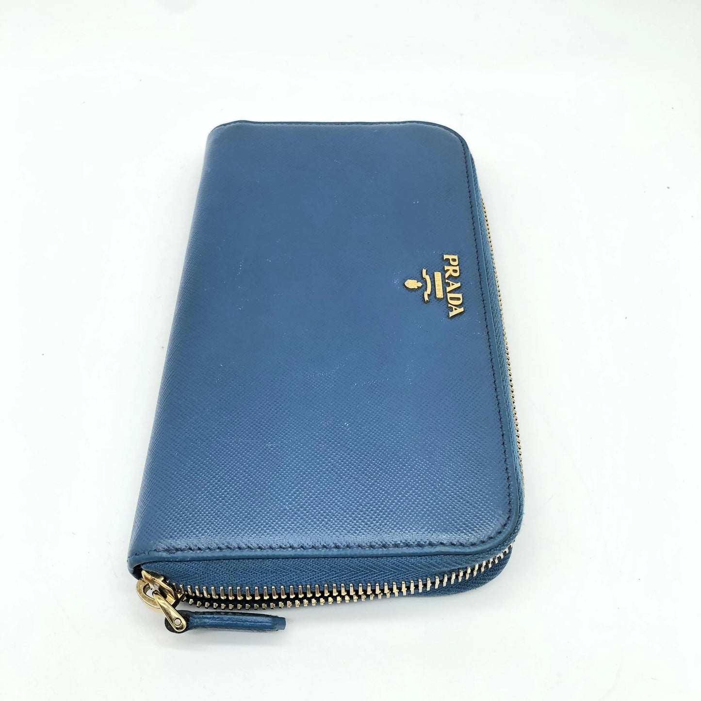 Prada Zip Around Tab Saffiano Leather, Blue, Leather, Wallet