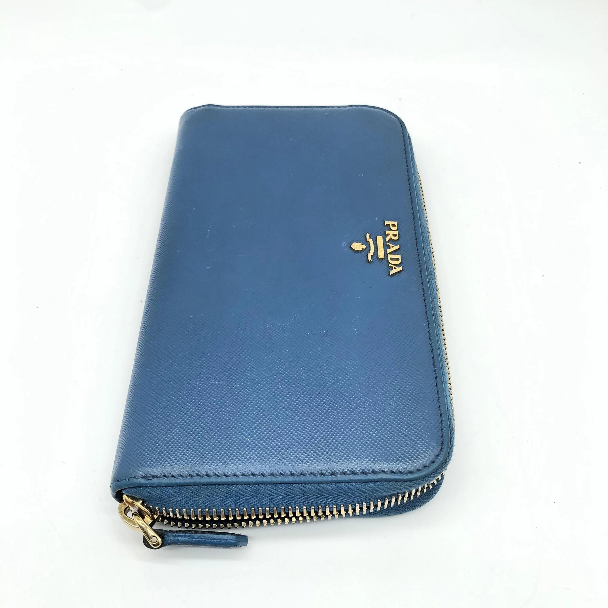 Prada Zip Around Tab Saffiano Leather, Blue, Leather, Wallet