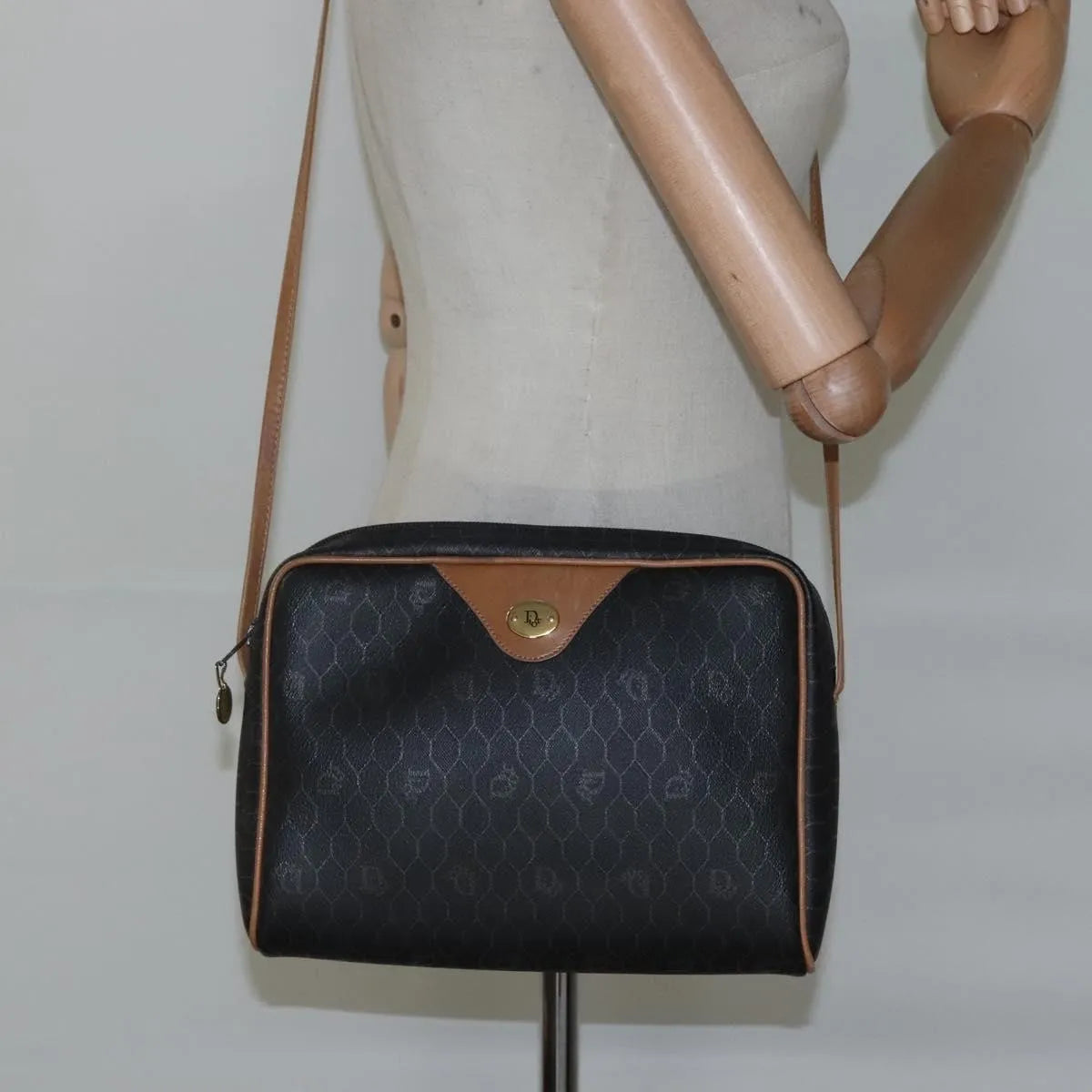 Christian Dior Vintage Honeycomb Canvas and Leather, Black, Canvas, Shoulder Bag