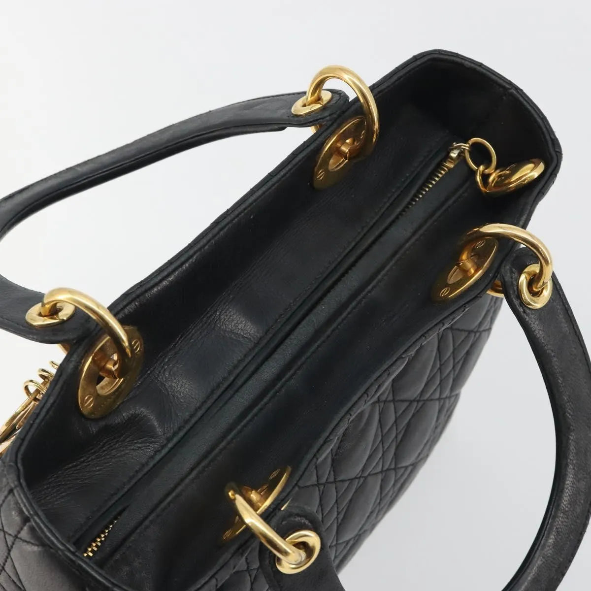 Christian Dior Vintage Lady Dior Cannage Quilt Lambskin, Black, Leather, Handbag