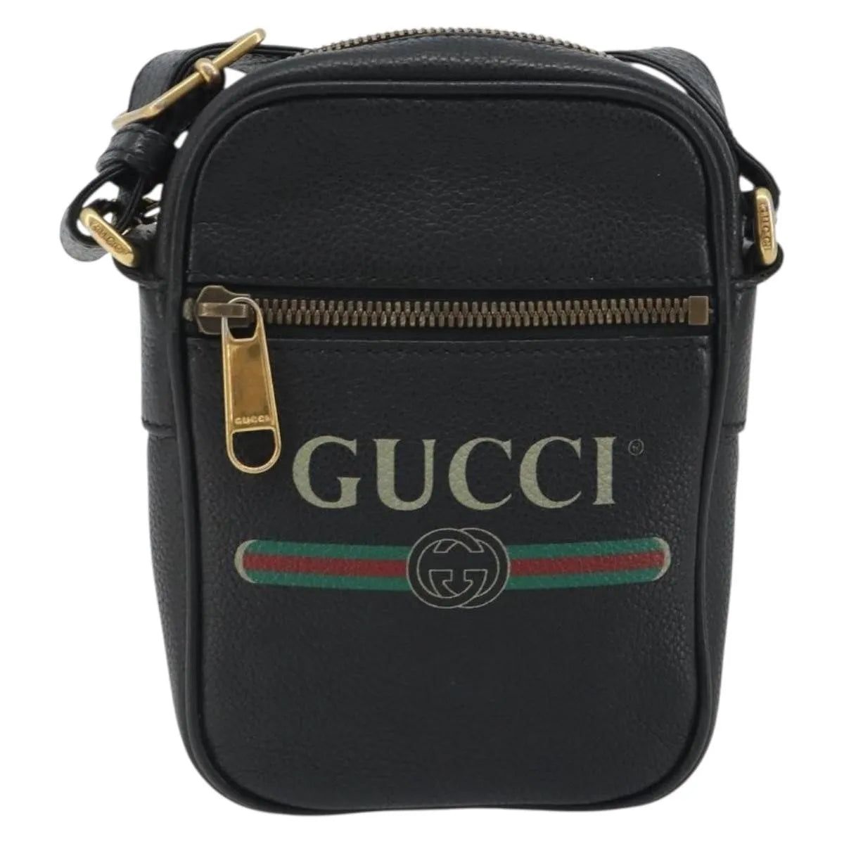 Gucci Logo Zip Messenger Printed Leather, Black, Leather, Clutch