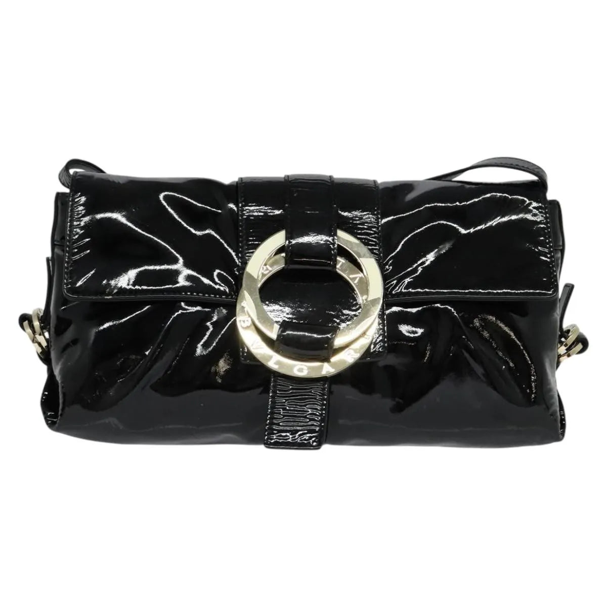 Bvlgari Chandra Flap Enamel, Black, Patent Leather, Shoulder Bag