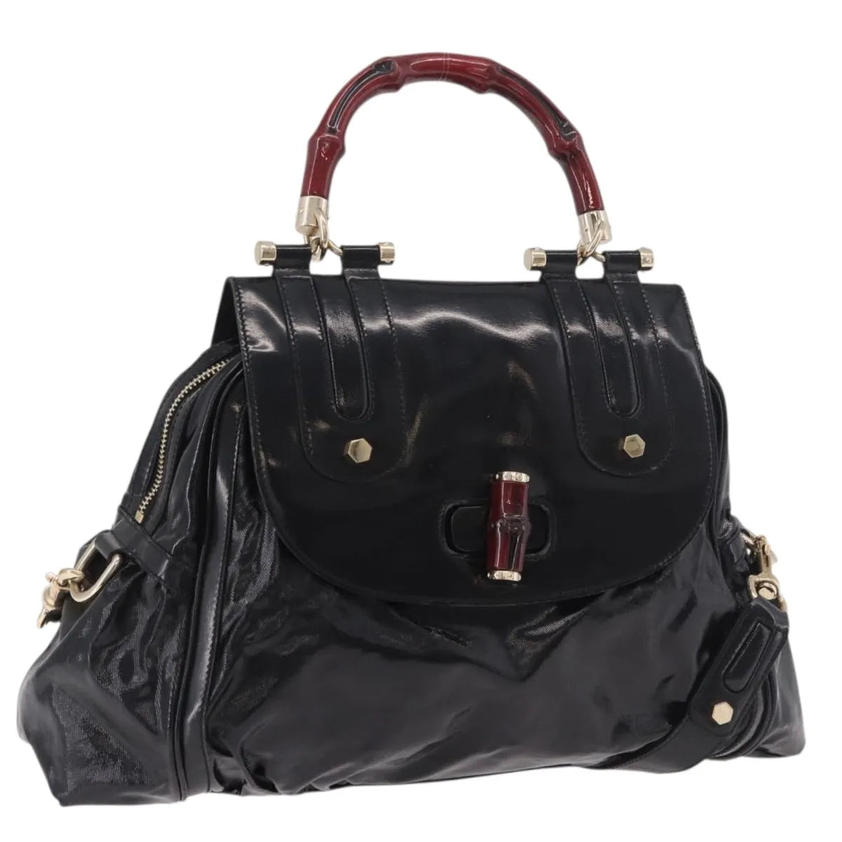 Gucci Pop Bamboo Handle Dialux Coated Canvas, Black, PVC, Handbag