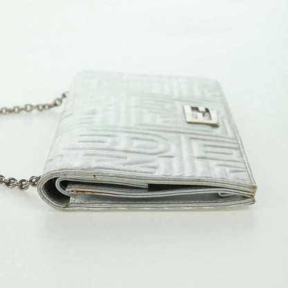 Fendi Wallet on Chain Logo Embossed Leather, Silver, Leather, Wallet