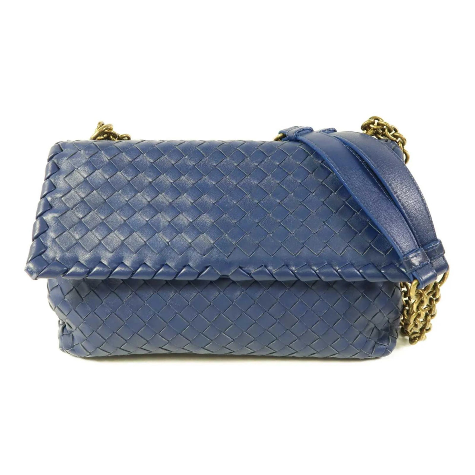Bottega Veneta Olimpia Intrecciato Microstuds Lambskin, Blue, Leather, Handbag