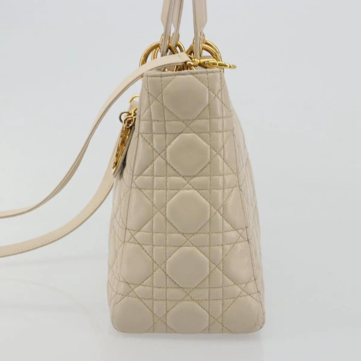 Christian Dior Lady Dior Cannage Quilt Lambskin, Beige, Leather, Handbag