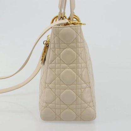 Christian Dior Lady Dior Cannage Quilt Lambskin, Beige, Leather, Handbag