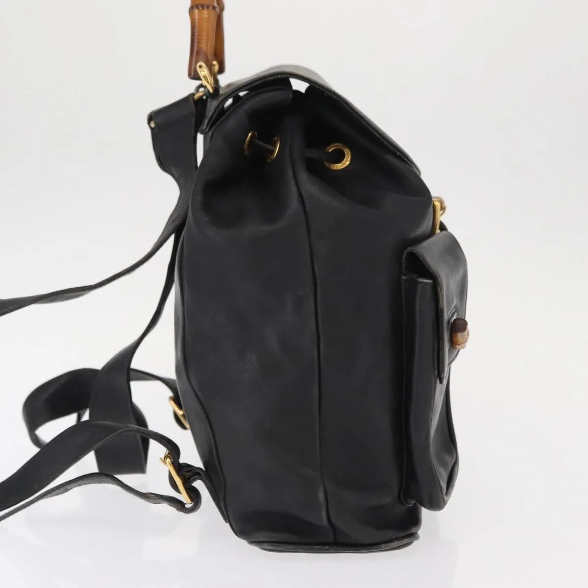 Gucci Vintage Bamboo Leather, Black, Leather, Backpack