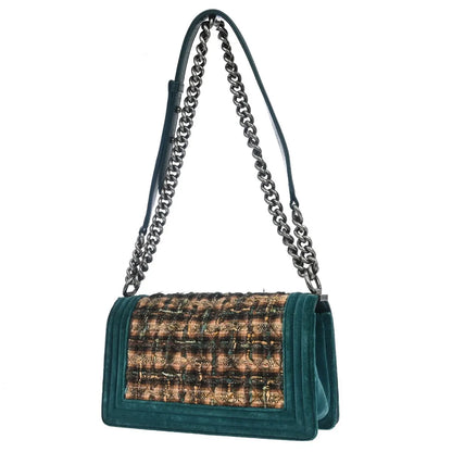 Chanel Boy Flap Quilted Tweed with Velvet, Green, Velvet, Shoulder Bag