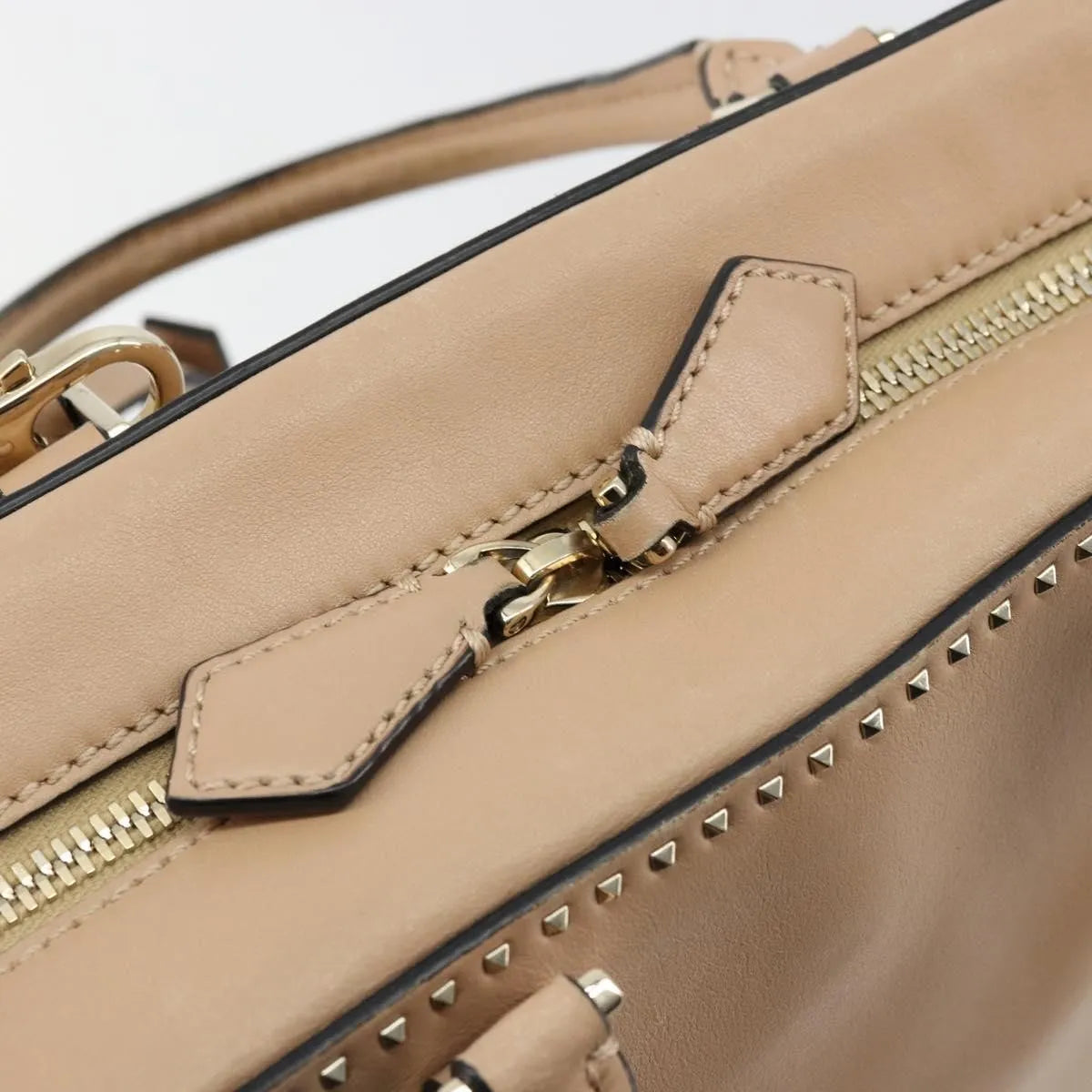 Valentino Garavani Convertible Zip Satchel Leather with Micro Rockstuds, Beige, Leather, Handbag