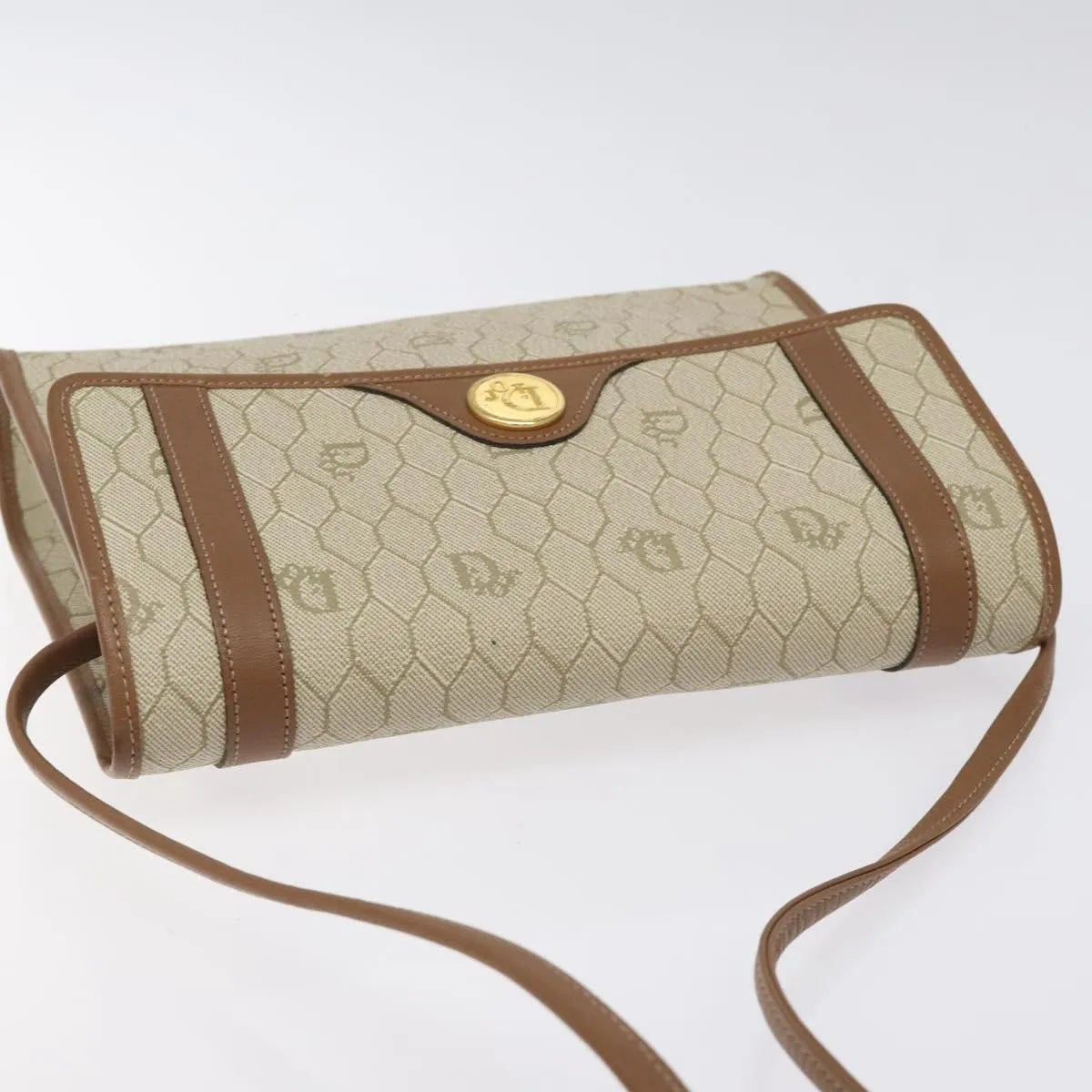 Christian Dior Vintage Honeycomb Flap Canvas and Leather, Beige, PVC, Shoulder Bag