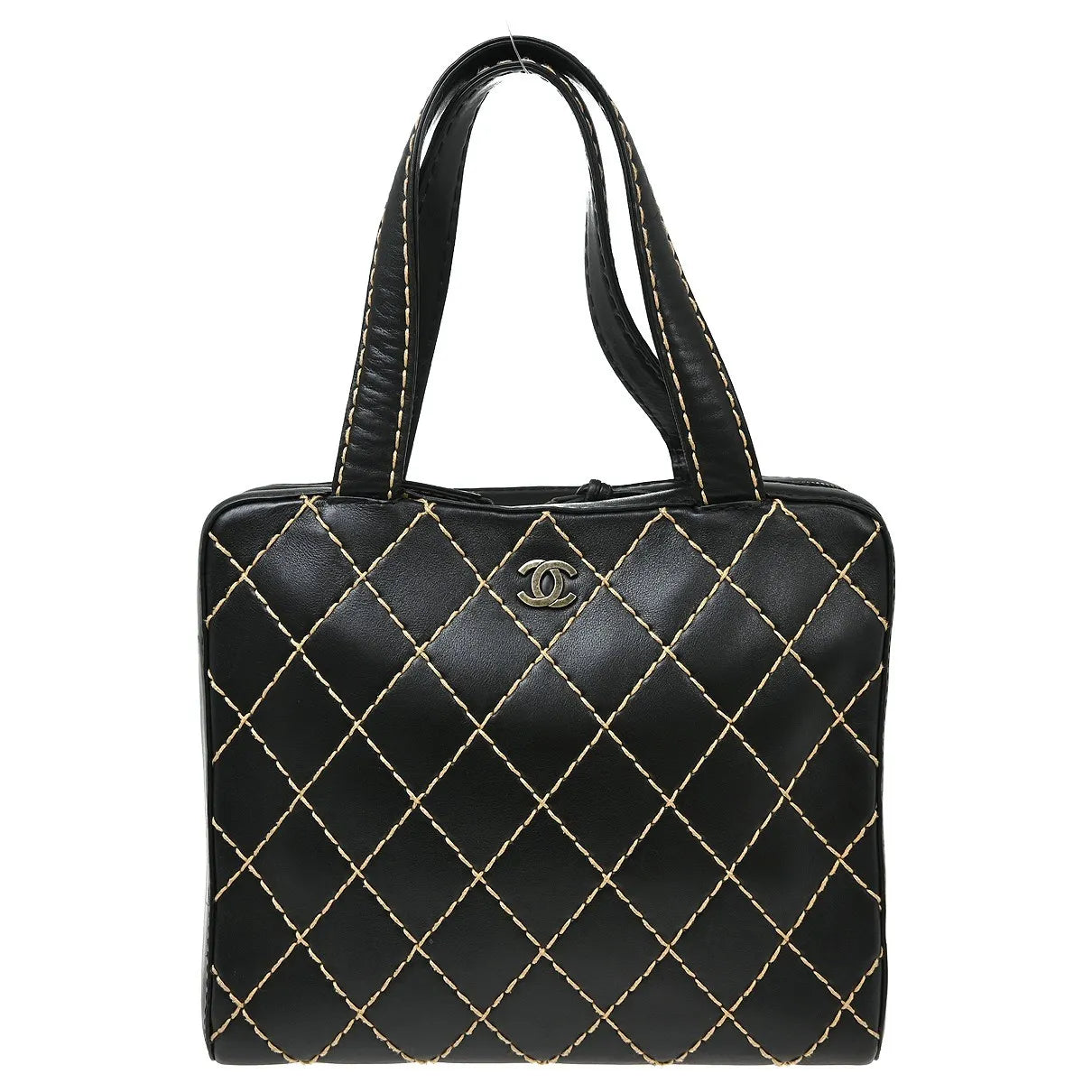 Chanel Surpique Zip Around Satchel Quilted Leather, Black, Leather, Handbag