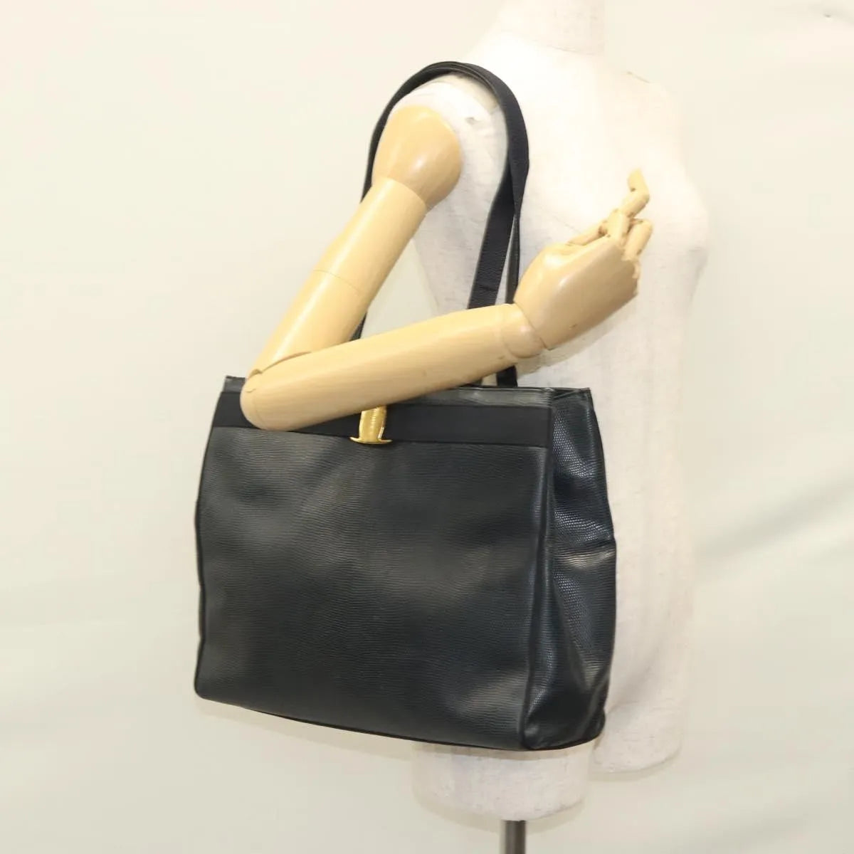 Salvatore Ferragamo Vintage Vara Bow Tote Lizard Embossed Leather, Navy, Leather, Tote Bag