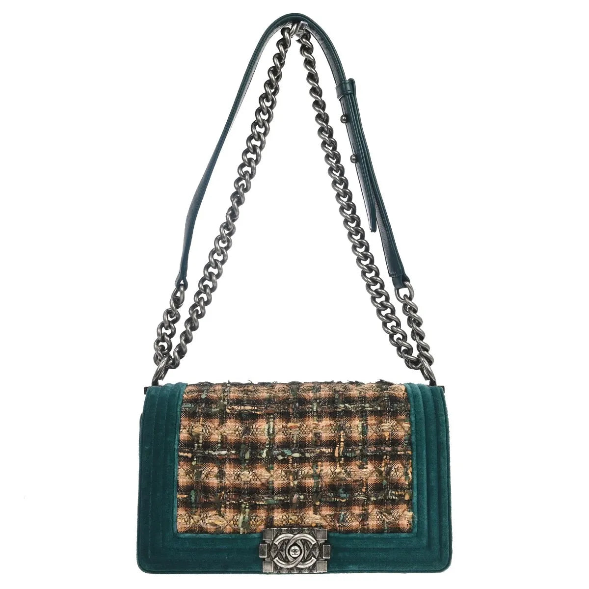 Chanel Boy Flap Quilted Tweed with Velvet, Green, Velvet, Shoulder Bag