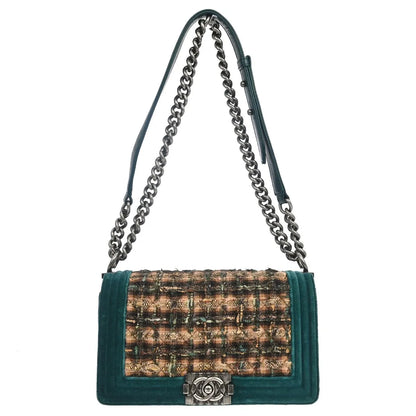 Chanel Boy Flap Quilted Tweed with Velvet, Green, Velvet, Shoulder Bag