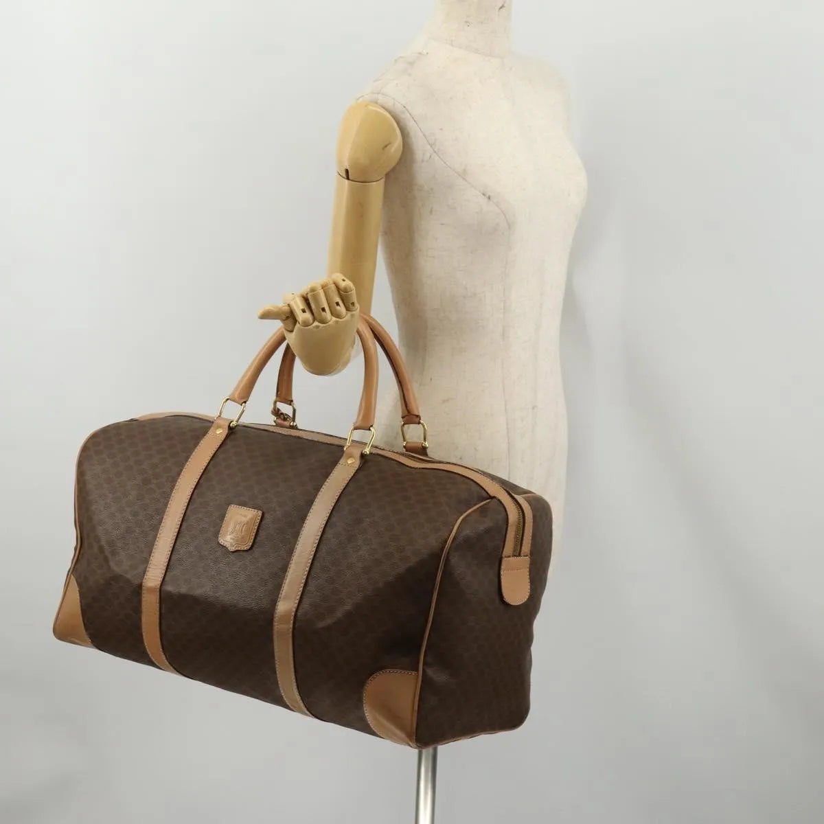 Celine Vintage Duffle Macadam Coated Canvas, Brown, Canvas, Travel Bag