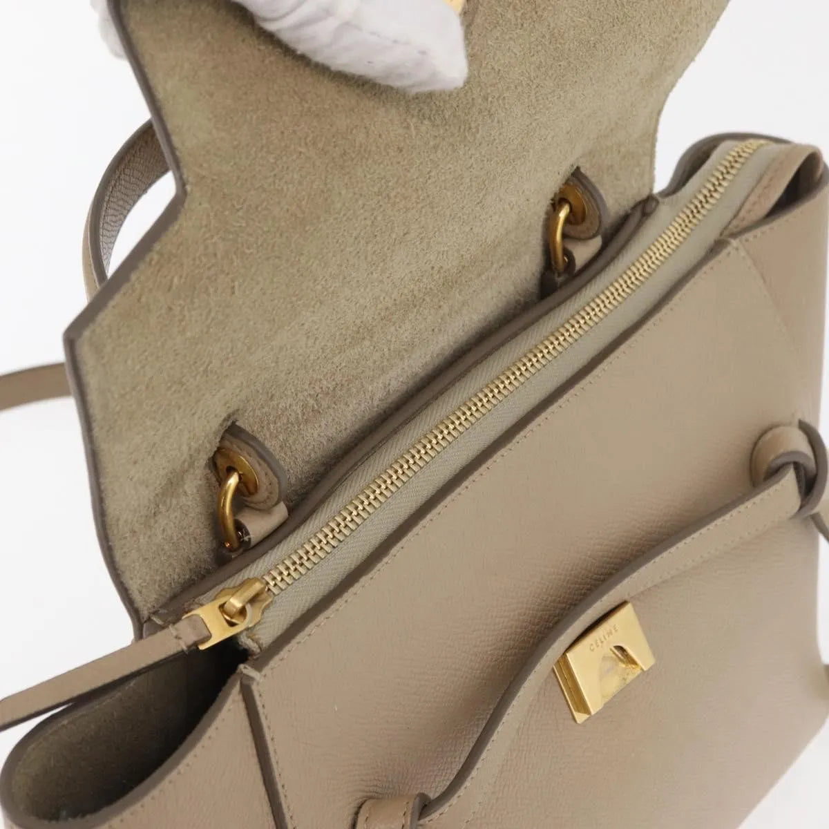Celine Belt Calfskin, Beige, Leather, Handbag