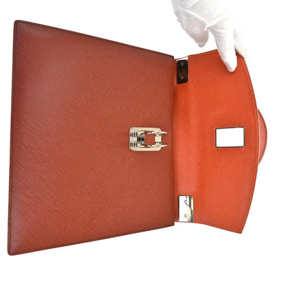 Salvatore Ferragamo Double Gancini Top Handle Saffiano Leather, Brown, Leather, Handbag