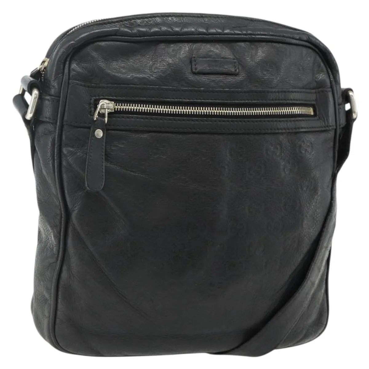 Gucci Front Zip Messenger Guccissima Leather, Black, Leather, Shoulder Bag